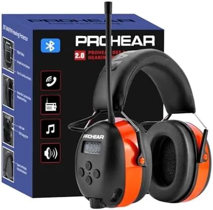prohear 033 20 upgraded bluetooth hearing protection am fm radio headphones 31snr noise reduction ear muffs with long lasting stable rechargeable battery 50 hrs for mowing snowblowing orange